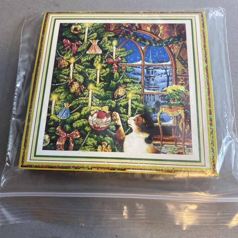 UNUSED Treasures PopUp Card Kitty Cat Glittery Tree CPS-255 Christmas Mischief